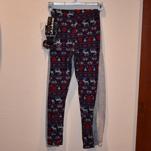 LA Winner Christmas Leggings - 2 pair Blue/Gray - and Scrunchie - Sz Small - NWT - Picture 4 of 5